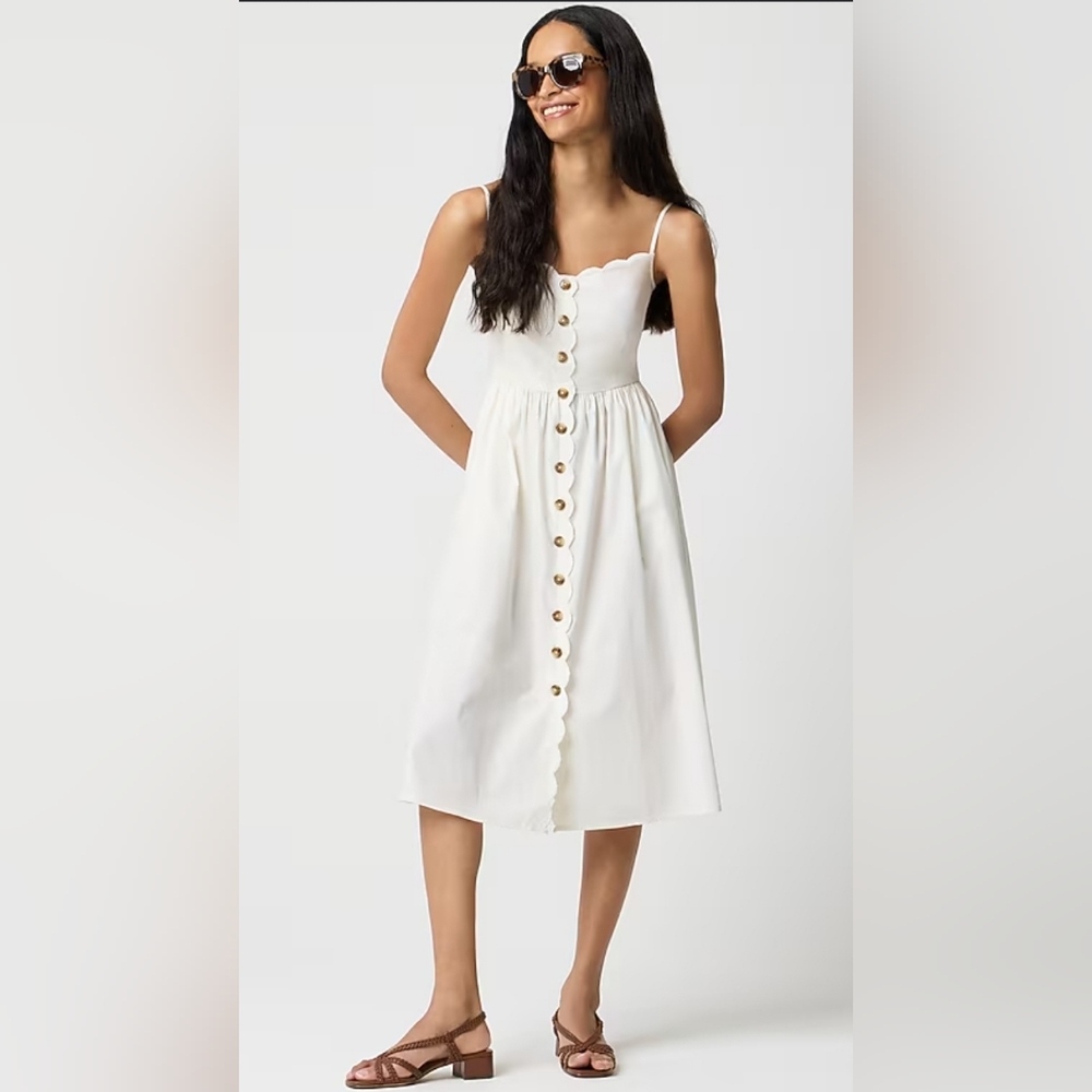 J.CREW‎ White Scallop Button Front Midi Dress Womens Size 10